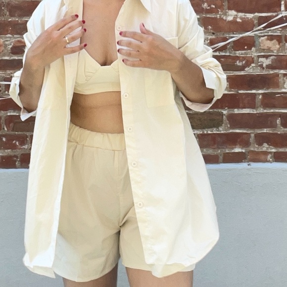 NEW 3pcs set beige womens shirt top shorts button down M;L casual - Picture 4 of 16